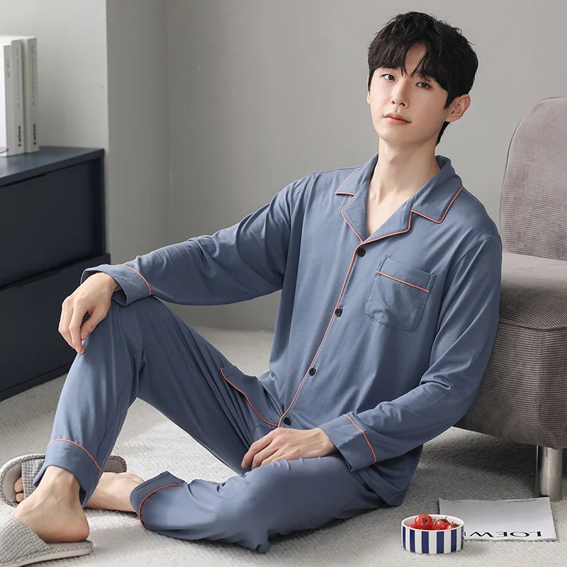 100kg Plus Size Spring Men Pajamas Set Japan Modal Soft Sleepwear Loose Long Sleeve Cardigan Trousers Homewear Korean Outer Wear