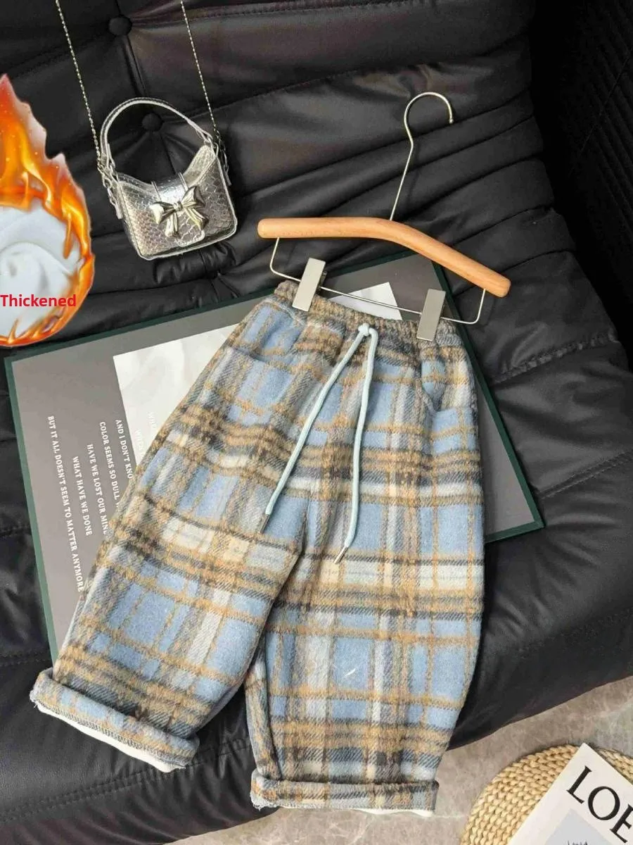 

Теплые брюки в клетку Thiened Fce для детей, мальчиков и девочек, корейские модные универсальные брюки на осень-зиму