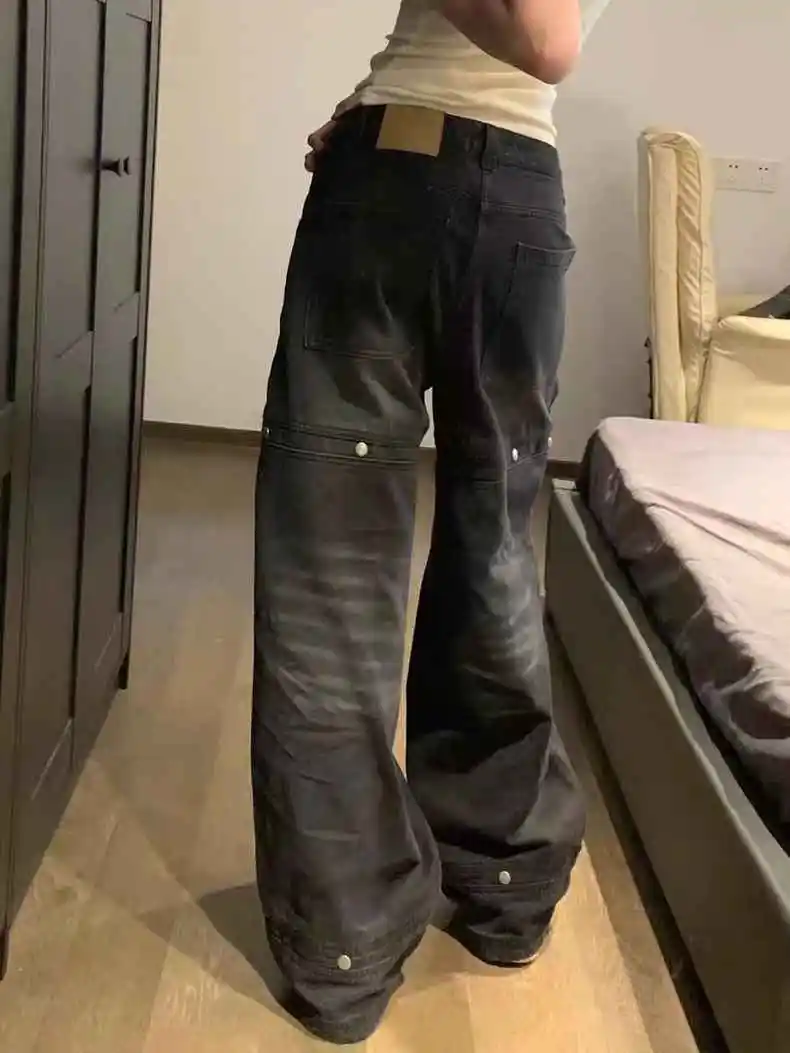 Damskie czarne sprane jeansy z nitami w stylu Y2k American Hip-Hop BF, luźne spodnie z szerokimi nogawkami, proste spodnie do ziemi w stylu \"laziness\", Ins