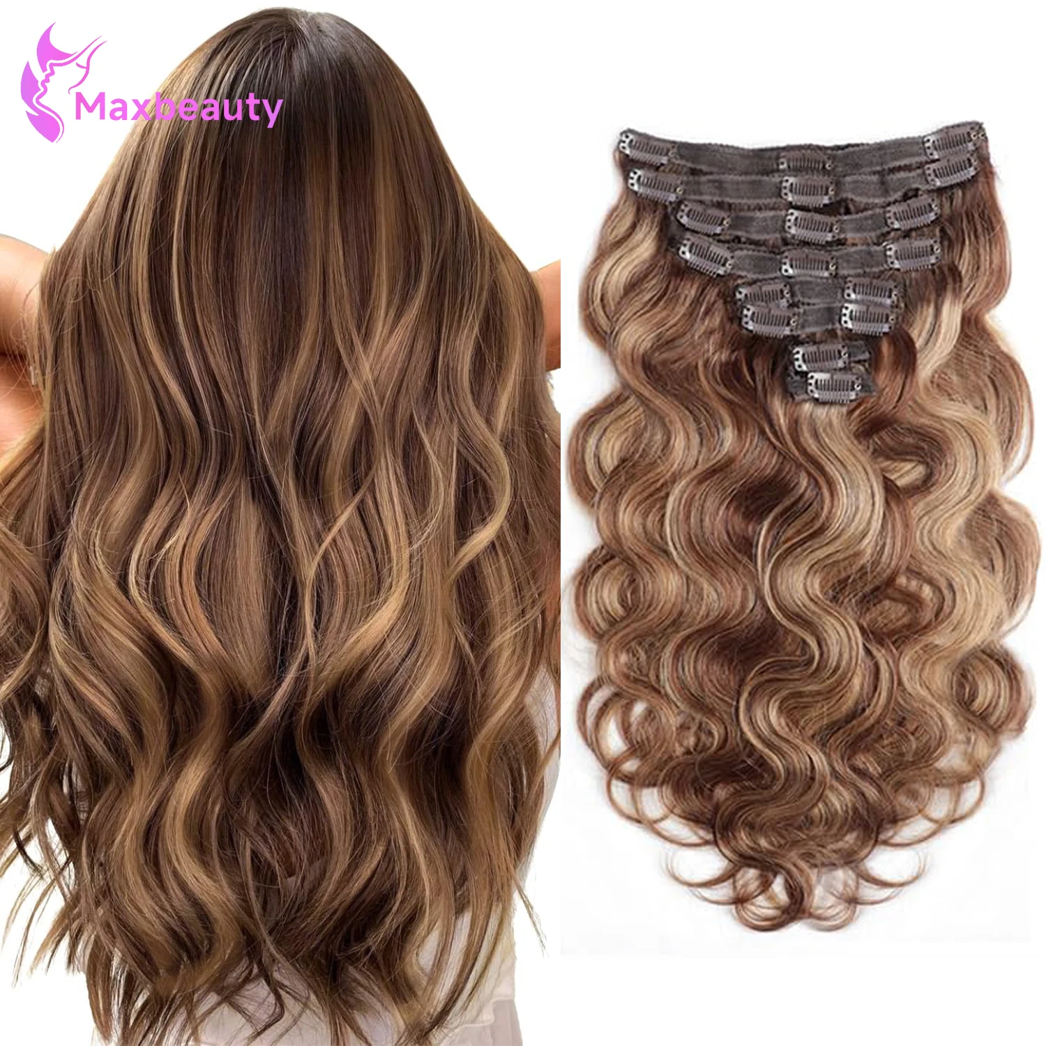Body Wave Clip In Extensions Real Human Hair Body Wave Clip Ins #4/27 Highlight Color Clip In Human Hair Extensions 120/180G