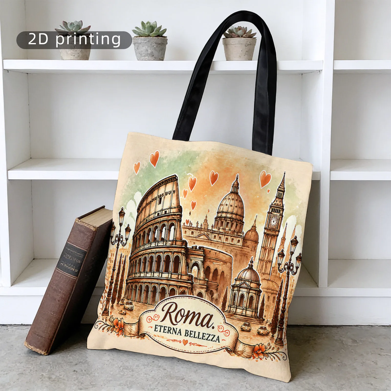 Shoulder Shopping Bag Multi-purpose Package, Hand-Drawn Roman Architecture and 
