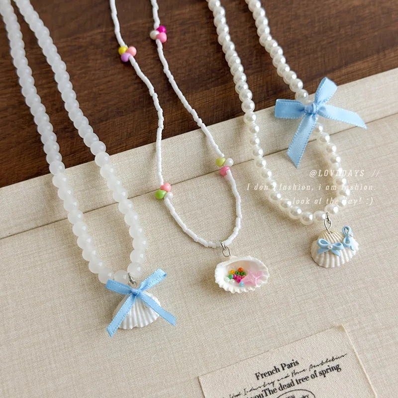 Fine Blue Star Beaded Shell Necklace Summer Beach Vacation Collarbone Chain Unique Design Choker Lightweight Delicate for Women