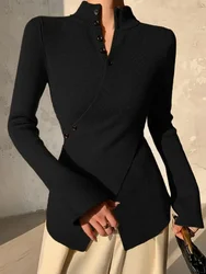 Gymystars Women's Knitted Sweater Skinny Tops Sexy V-neck Long Sleeves Asymmetric Cross Buttons Autumn Female Elegant T-shirt