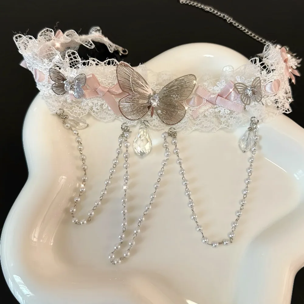 كريستال مقوس دانتيل المختنق اللؤلؤ شرابة لوليتا حجر الراين قلادة قلادة الترقوة سلسلة المرأة الرقبة مجوهرات فراشة قلادة #4