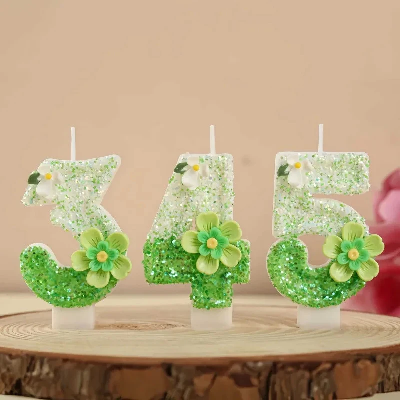 0–9 Numbered Birthday Candles, Green Glitter Flower Cake Decorations, Perfect for Baby Christening Parties