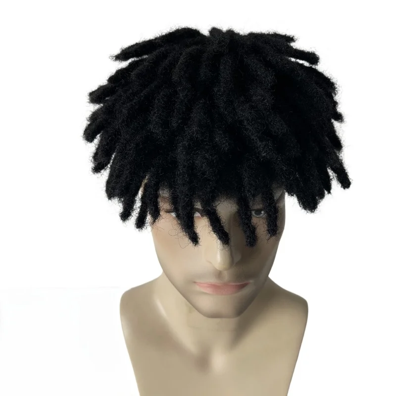 Burmese Virgin Human Hair Replacement 1# Jet Black Color 3 inches Short Dreadlocks Knots PU Toupee 8x10 Skin Unit  for Black Men