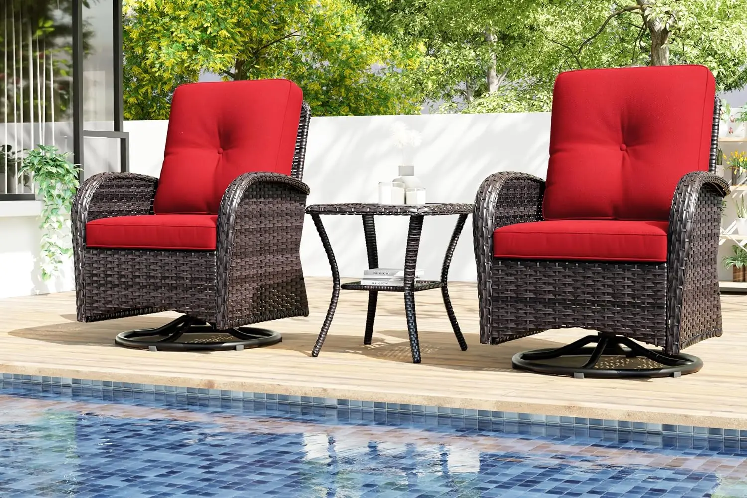 Patio Swivel Glider Wicker Chair Set 2 & Side Table 3 Piece Outdoor Furniture, Customized