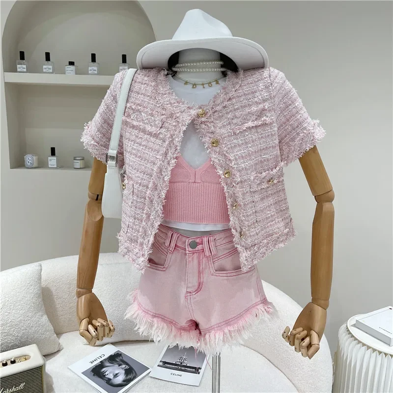 Coats & Jackets Summer Clothing Fashion Lady Office Pink O Neck Short Sleeve Tweed  Temperament Sweet Chic Korean