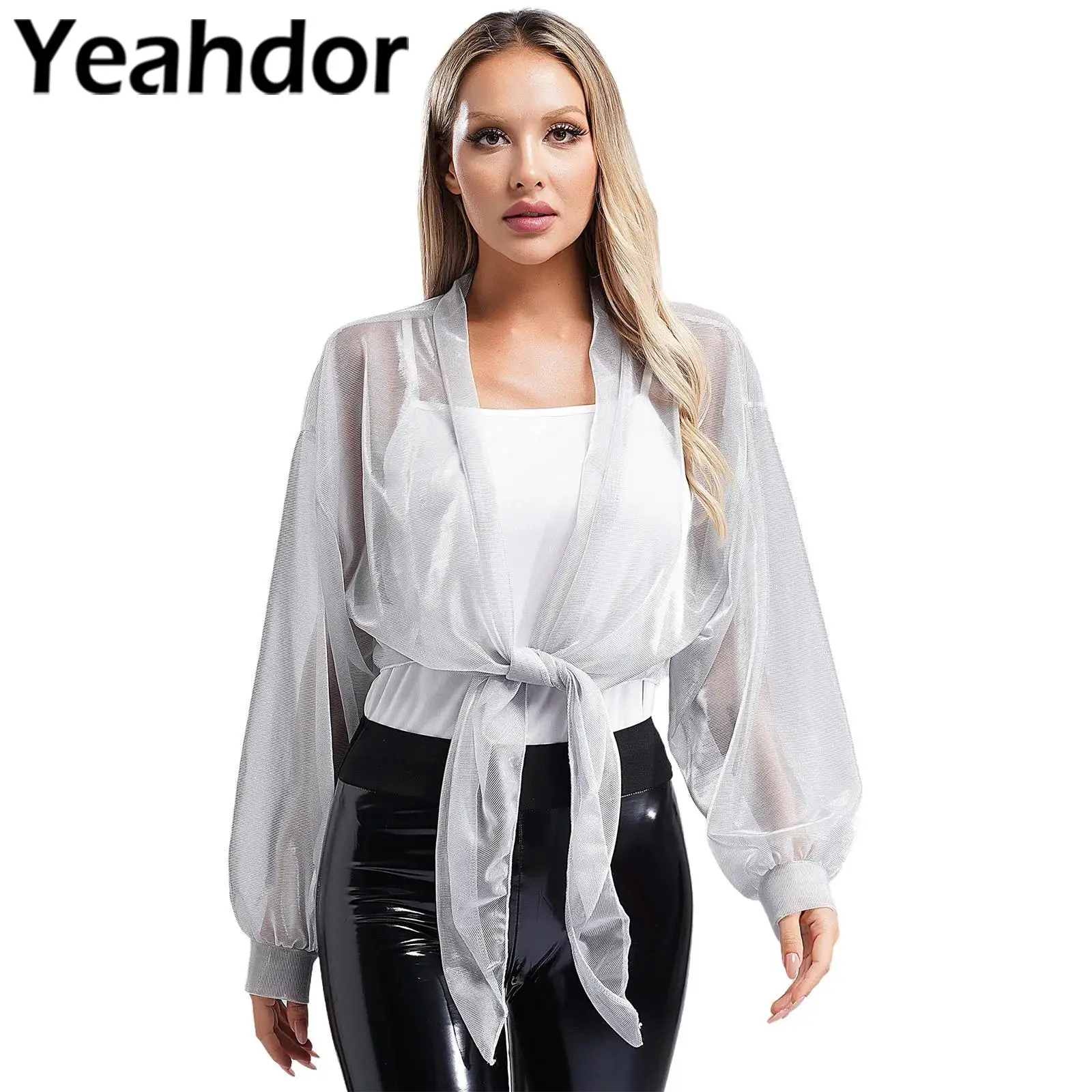 

Women Bridal Shawl Long Sleeve Shimmering Shrug Jacket Open Front Lace-up Cardigan See-Through Wraps Outerwear Dress Accessories