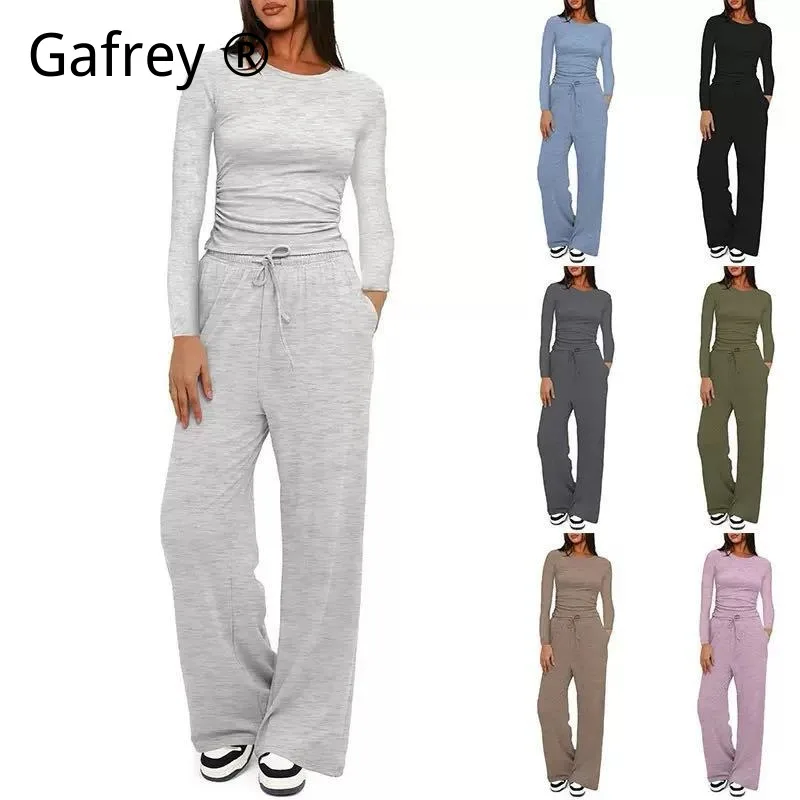 

Solid Casual Long Sleeve Two Piece Set Women High Waist Wide Leg Pants Tracksuit Loungewear Daily Basic Outfit Streetwear