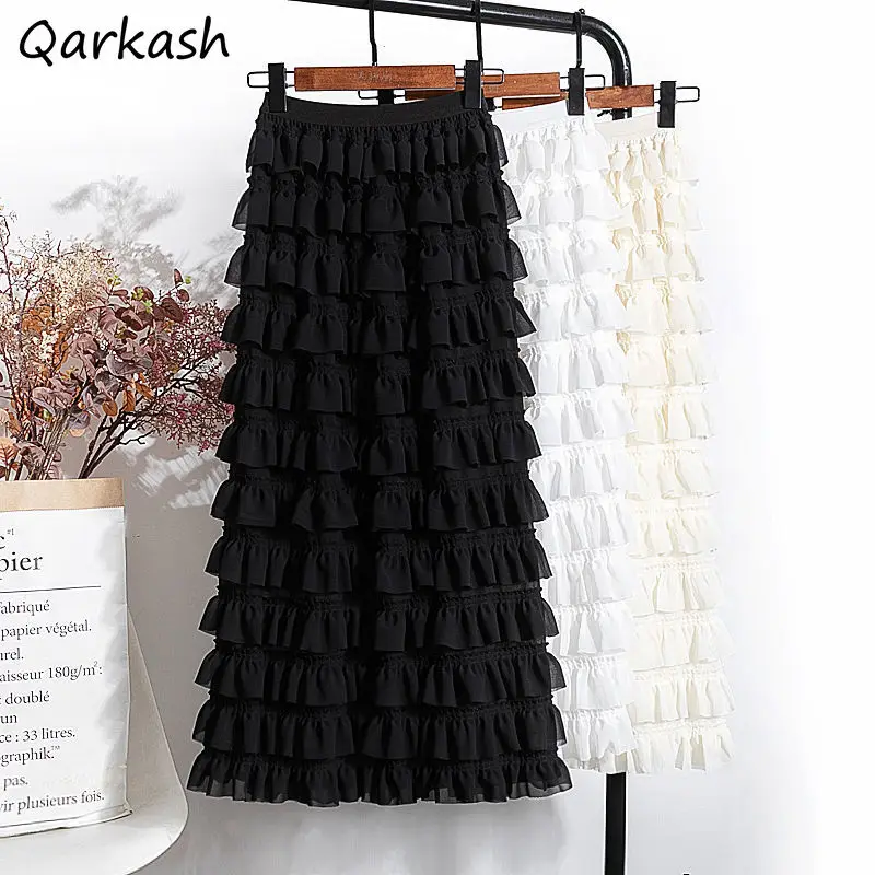 

Long Skirts Women Ball Gown Tender High Waist Ruffles Sweet Princess Aesthetic Faldas Casual Simple Girls New Streetwear Ulzzang