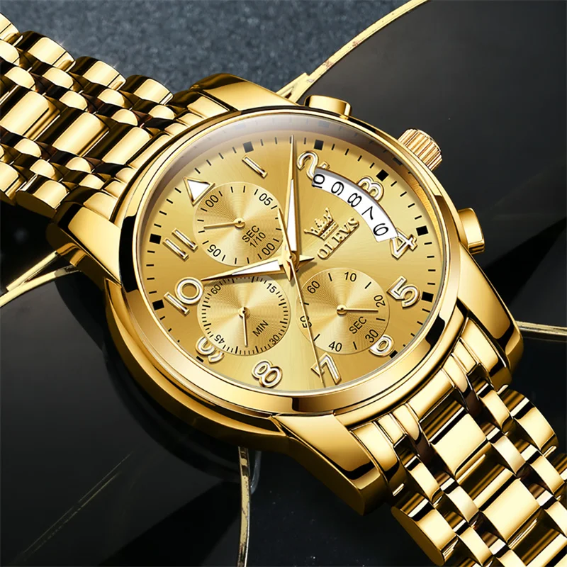 OLEVS Luxury Top Brand Watch for Men\'s Waterproof Sports Stainless Steel Chronograph Wristwatches Gold New Fashion Reloj Hombre