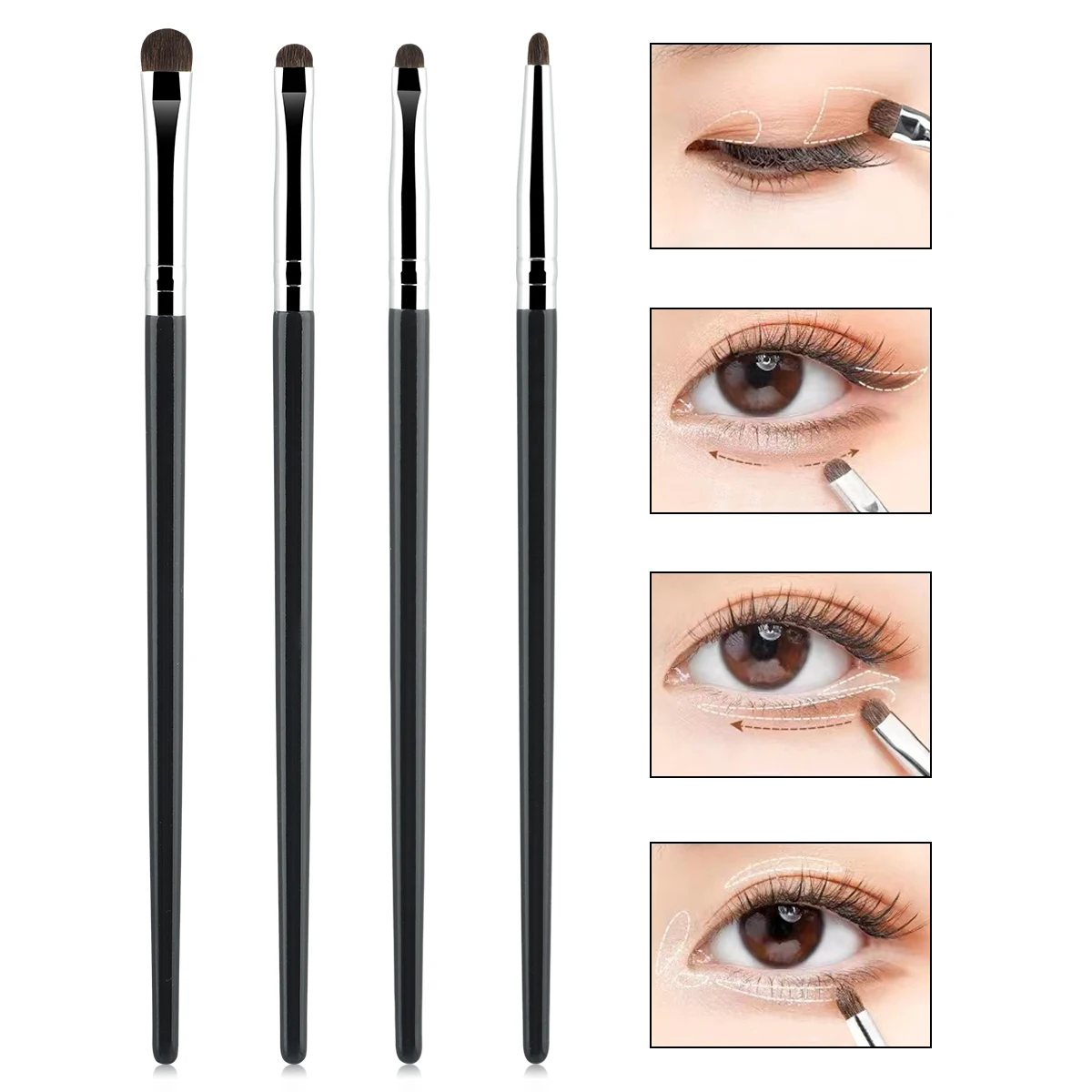 4-Piece Set, Fine Detail Horse Hair Eye Brushes For Eyeshadow & Eyeliner, Precision Makeup Application