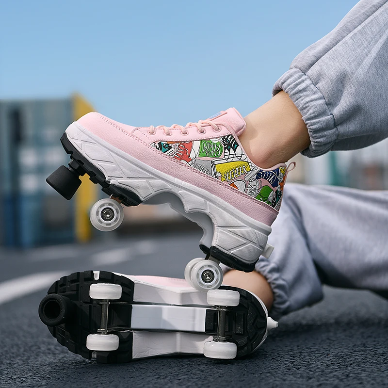 Chaussures de patin à roulettes à quatre roues en cuir PU, baskets Parkour déformées décontractées pour balles rondes, chaussures de sport de course