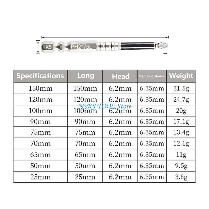 Juego puntas destornillador magnético L8RC, 9 Uds., PH2, tornillo vástago hexagonal antideslizante, cabeza cruzada