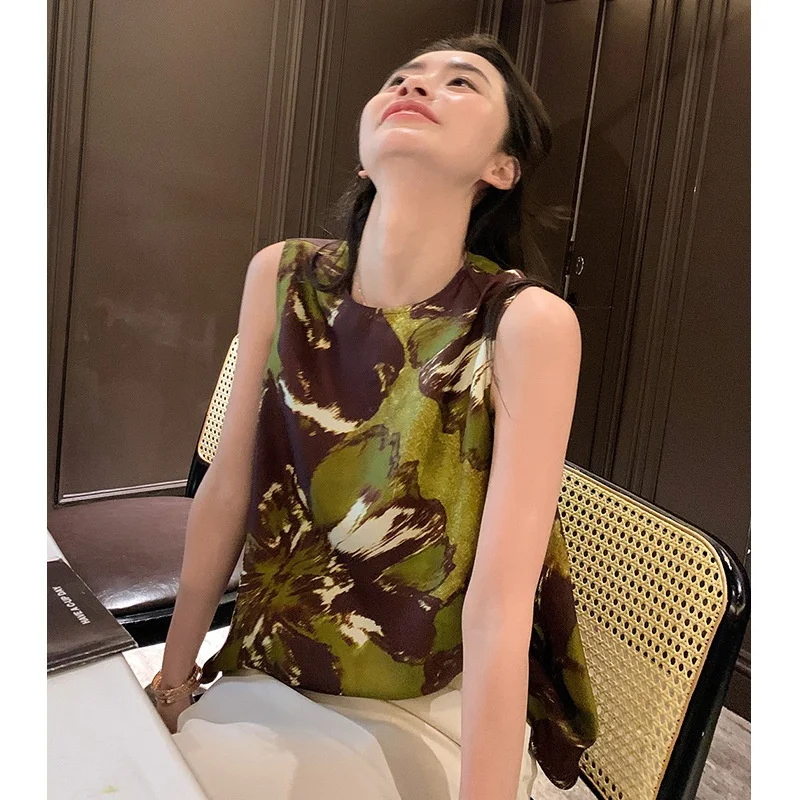 

Ele round Ne Svel Printed Vest Women's Faionable Loose Slimming Top Ultra-Thin Knitted Summer New Arrival
