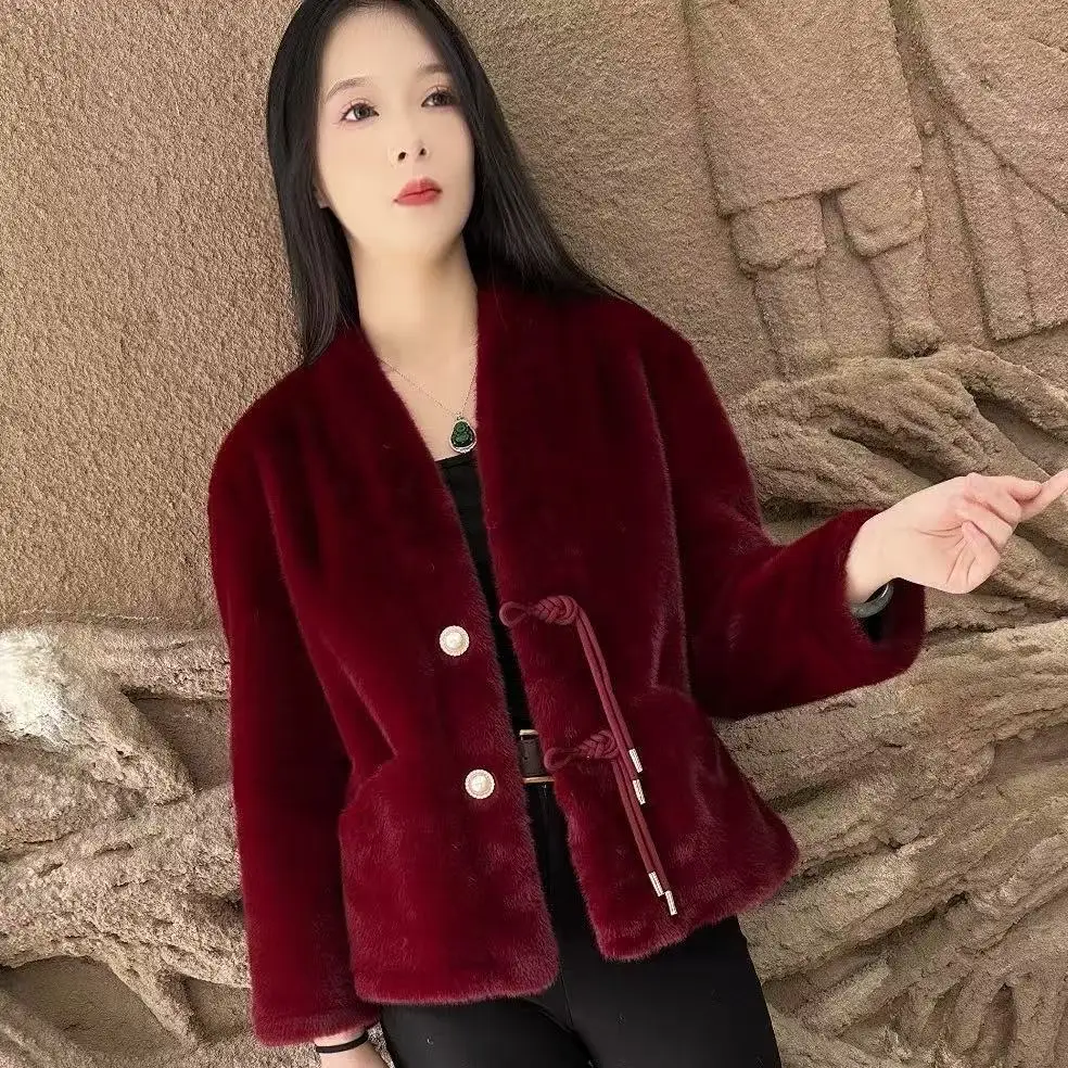 Autumn And Winter New Mink Fleece Fur Integrated V-Neck Buckle National European MinkFleece Cardigan Jacket Imitation Fur Jacket