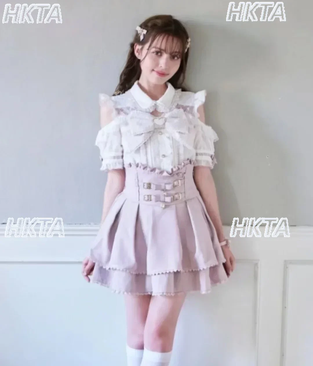 Japanese Liz Mine Women\'s Shirt Summer Off Shoulder Big Bow Short Sleeve Top Cute Girl BlousesHigh Waist Skirt 2 Piece Skirt Set