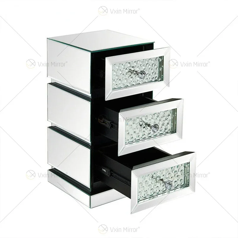 Light luxury modern mirror glass bedside tables, bedroom furniture, crystal finish bedside cabinets