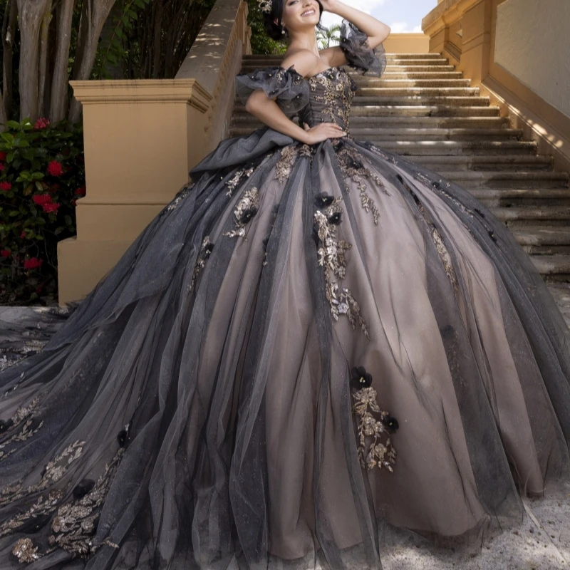 

Chocolate Shiny Quinceanera Dresses Off The Shoulder Applique Lace Bow Beading Crystal Tull Corset Party Birthday Sweet 16 Dress