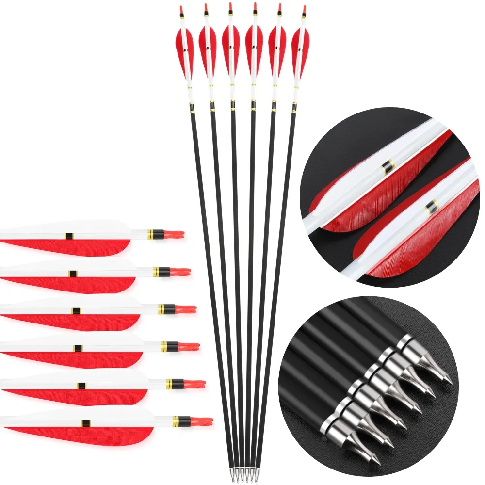 

Spine500 Mixed Carbon Arrows 100Grain Arrowhead 4/5inch Waterdrop Turkey Feather Hunting Shooting Archery Sports, 6/12pcs Arrows