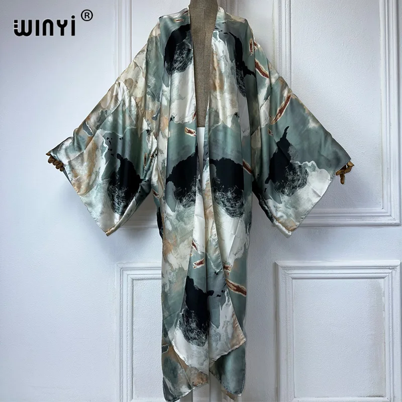 Winyi Kimono Sommer abstrakte Druck Strickjacke weibliche Bluse Abaya vertuschen Strand Frauen Boho Maxi Kleid Party Kaftan