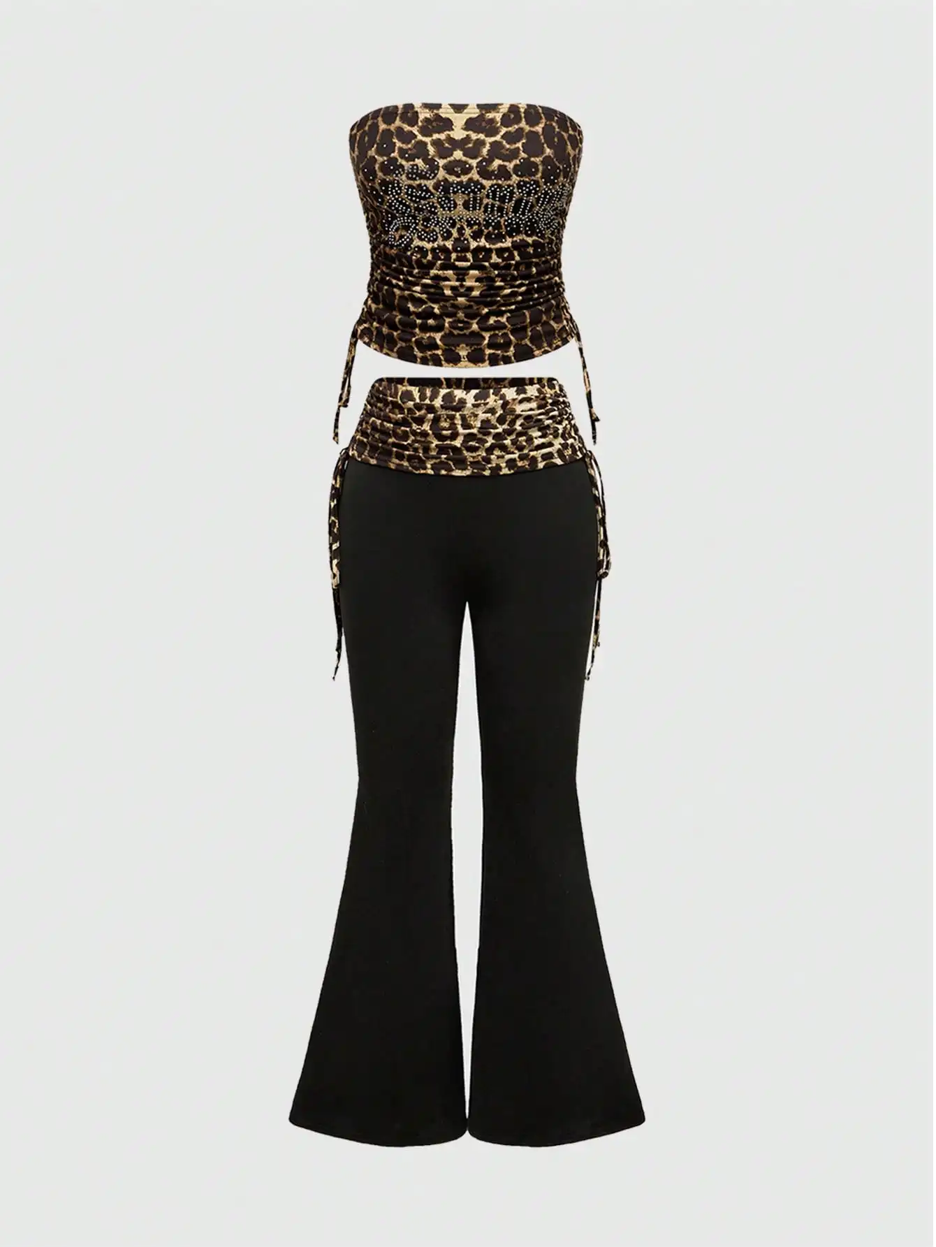 

Leopard Print Rhinestone Crop Top & Flared Pants Set for Women, Sexy Night Out Two Piece Outfit