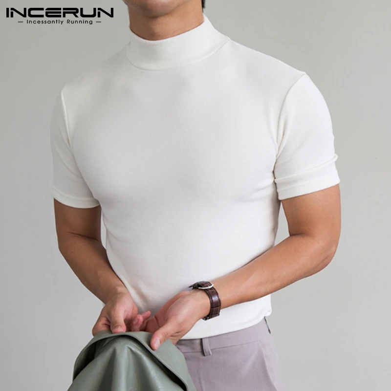 2024 Men T Shirt Solid Color Turtleneck Short Sleeve Fitness Casual Men Clothing Streetwear Leisure Thin Camisetas S-5XL INCERUN