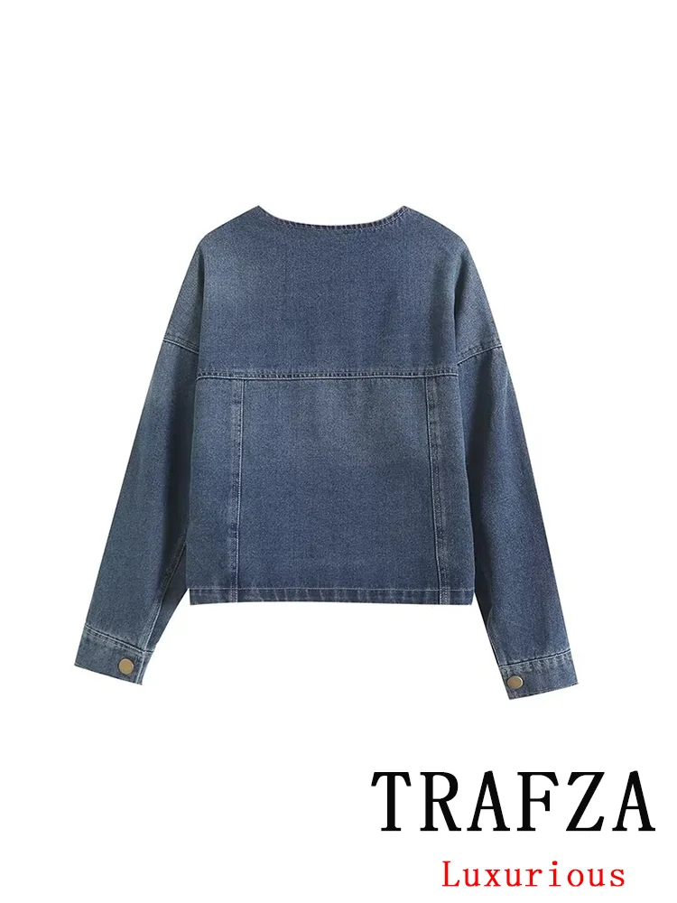 TRAFZA Vintage Casual Women Jackets Denim Loose Short O-neck Jacket Long Sleeve Coats New Fashion 2024 Holiday Elegant Top