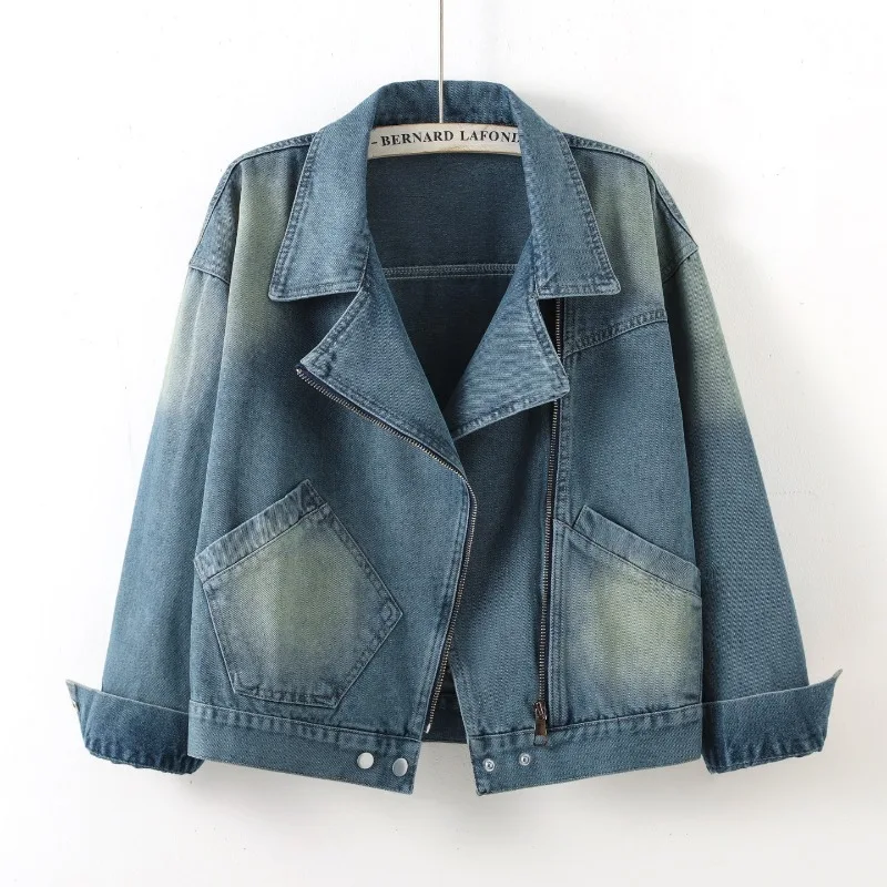 Zipper Long Sleeved Washed Denim coat for Women Stylish Retro Loose Fit Spring Autumn Streetwear Jean Outerwear With Pockets