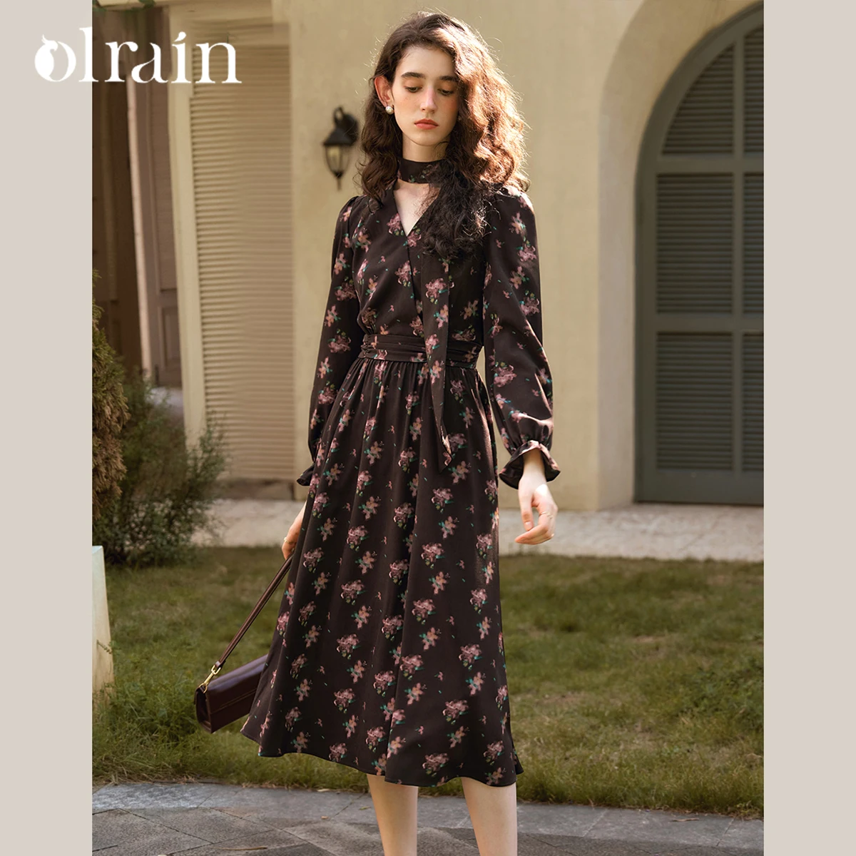 

OLrain Women's French Style Dress 2025 Autumn Long Sleeve Print V-Neck Casual Elegant Holiday Commuter Female Dress O21DL58953