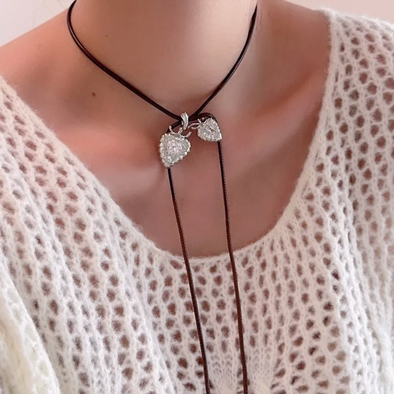 

Minar 2025 Autumn Winter New Shiny CZ Cubic Zirconia Double Heart Pendant Necklaces for Women Adjustable Wax Rope Sweater Chain