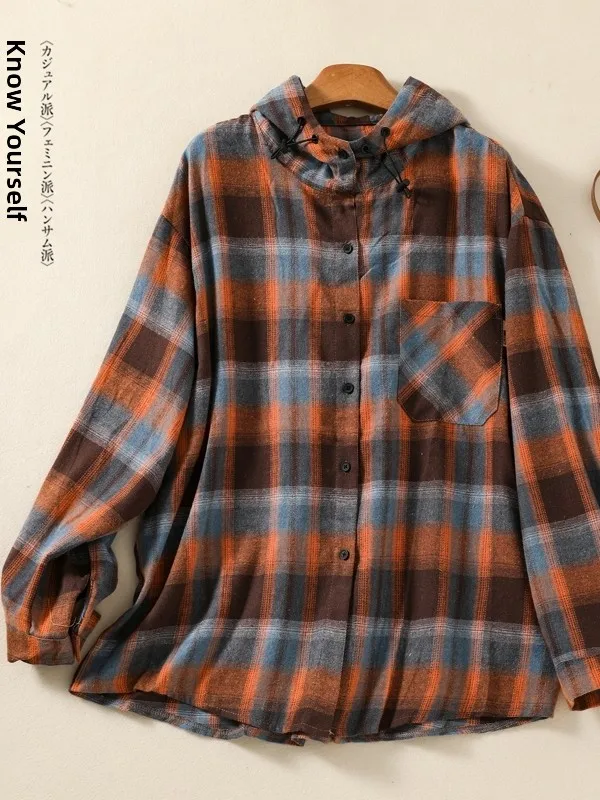 

Retro Plaid Hooded irt with kets Long Sve Loose plus Size Open Cardigan Top for Women Commute Sle Spring Season