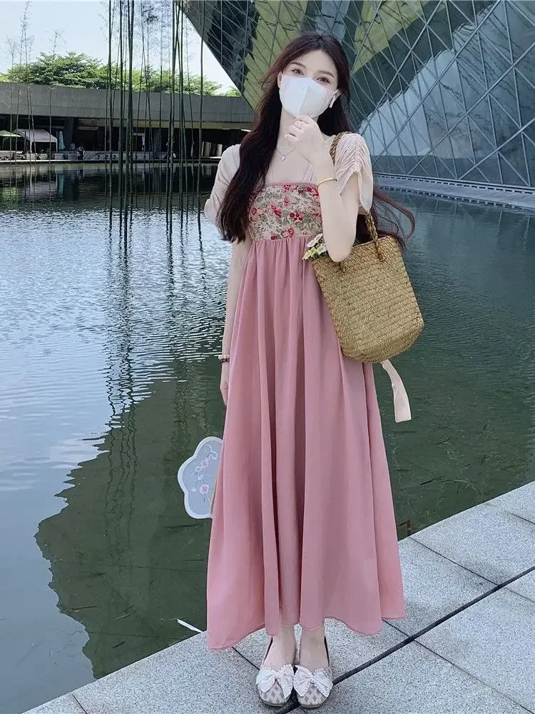 طقم فستان هانفو اليومي الصيني التقليدي لعام 2025 فستان نسائي على الطراز القديم فستان محسن على الطراز الشرقي فستان هانفو اليومي الوردي للنساء