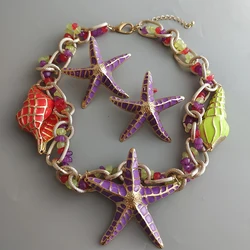 Y2K Jewelry Set Gold Color Beaded Chain Accessories Large Starfish Earrings and Shell Conch Charm Statement Necklace for Women