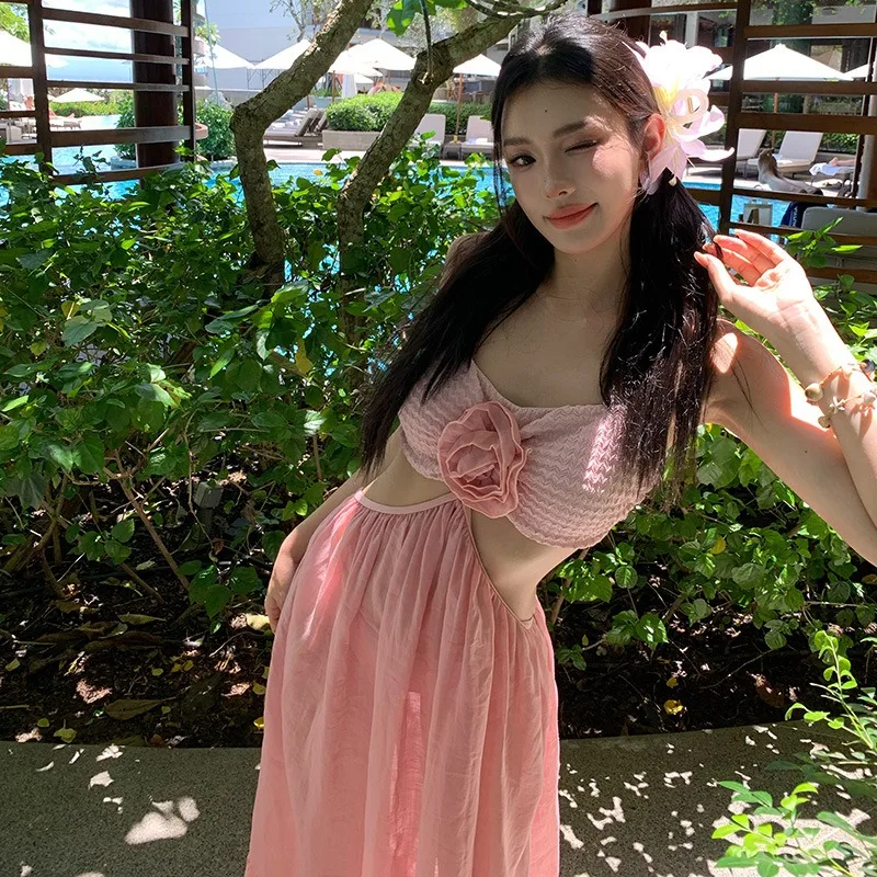 Costume da bagno bikini da donna alla moda, gonna lunga eterea sexy in 3 pezzi, abito da vacanza al mare con busto piccolo push up slim fit aperto sul retro