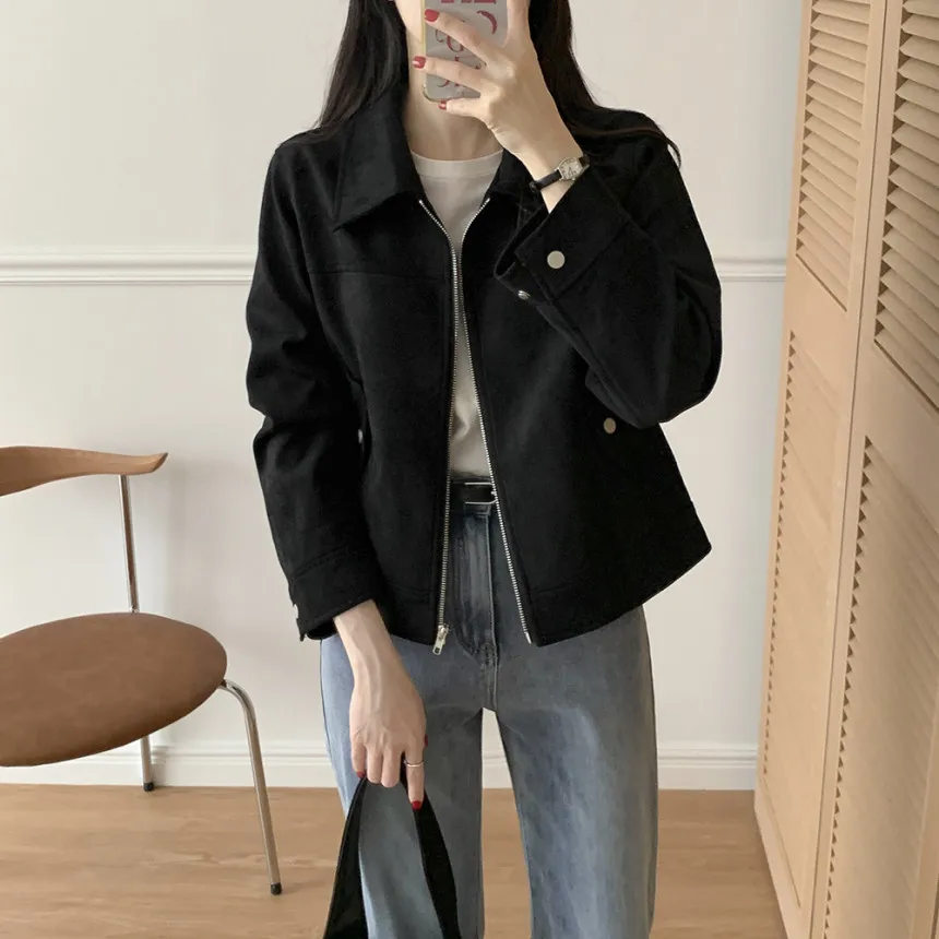 Inverno ort Svel Biker Sle Cappotto lungo Sve Tessuto scamosciato morbido Chiusura con cerniera Capispalla da donna coreano Sle Jaet