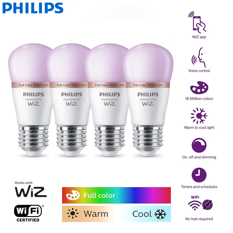 Philips 4PCS LED Smart Mini Ball E27 Bulbs WiZ 4.9W P45 Wi-Fi & Bluetooth  220-240V Full Color Light Frosted Dimmable P Lamps