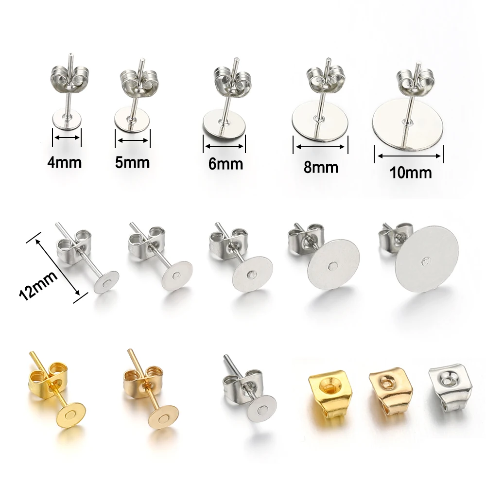 100 Uds. Base de pendientes de tuerca, conjunto de Base de pendientes en blanco, alfileres con tapón de pendiente trasero para joyería DIY, suministros de hallazgos