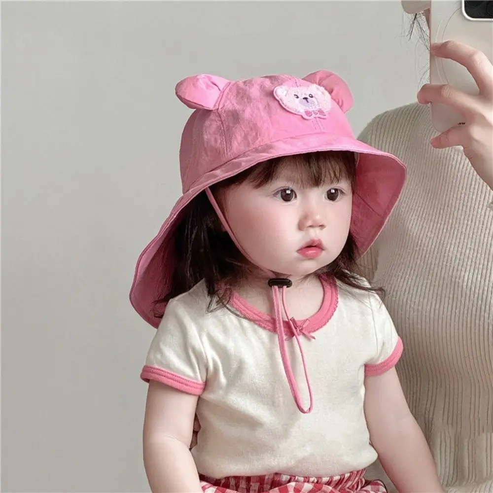 

Kawaii Cartoon Little Bear Children Sun Hat Breathable Cotton with Ears Bucket Hat Large Cornice Quick Drying Beach Cap Kids