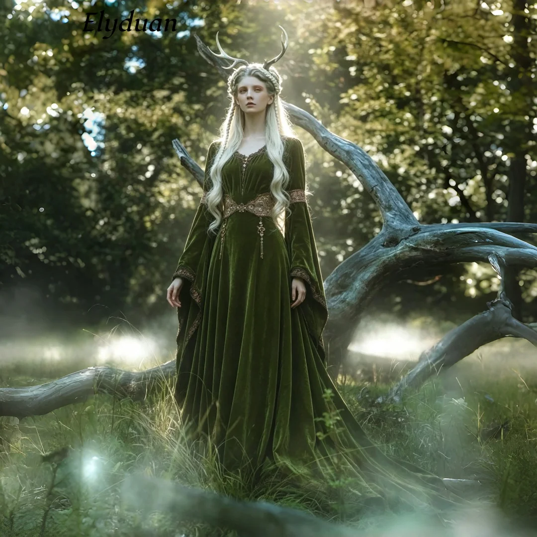 Vestido de Elfo de Terciopelo Verde Oliva, Estilo Vintage, con Mangas Largas, para Disfraz de Bruja del Bosque, Hada Medieval, Halloween, Cosplay, Personalizado