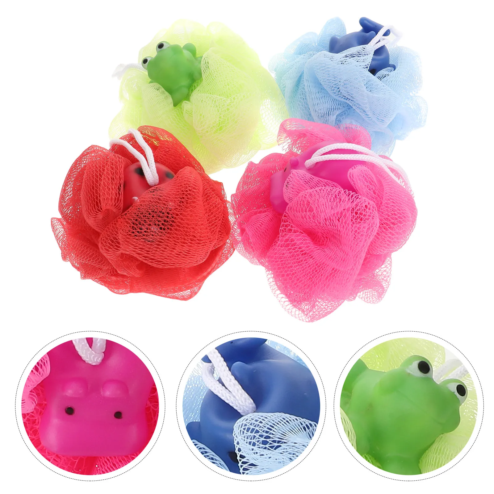4Pcs Kids Cartoon Bath Loofah Sponge Soft Mesh Exfoliating Shower Pouf Whale Frog Hippo Ladybug Baby Shower Bath Accessories