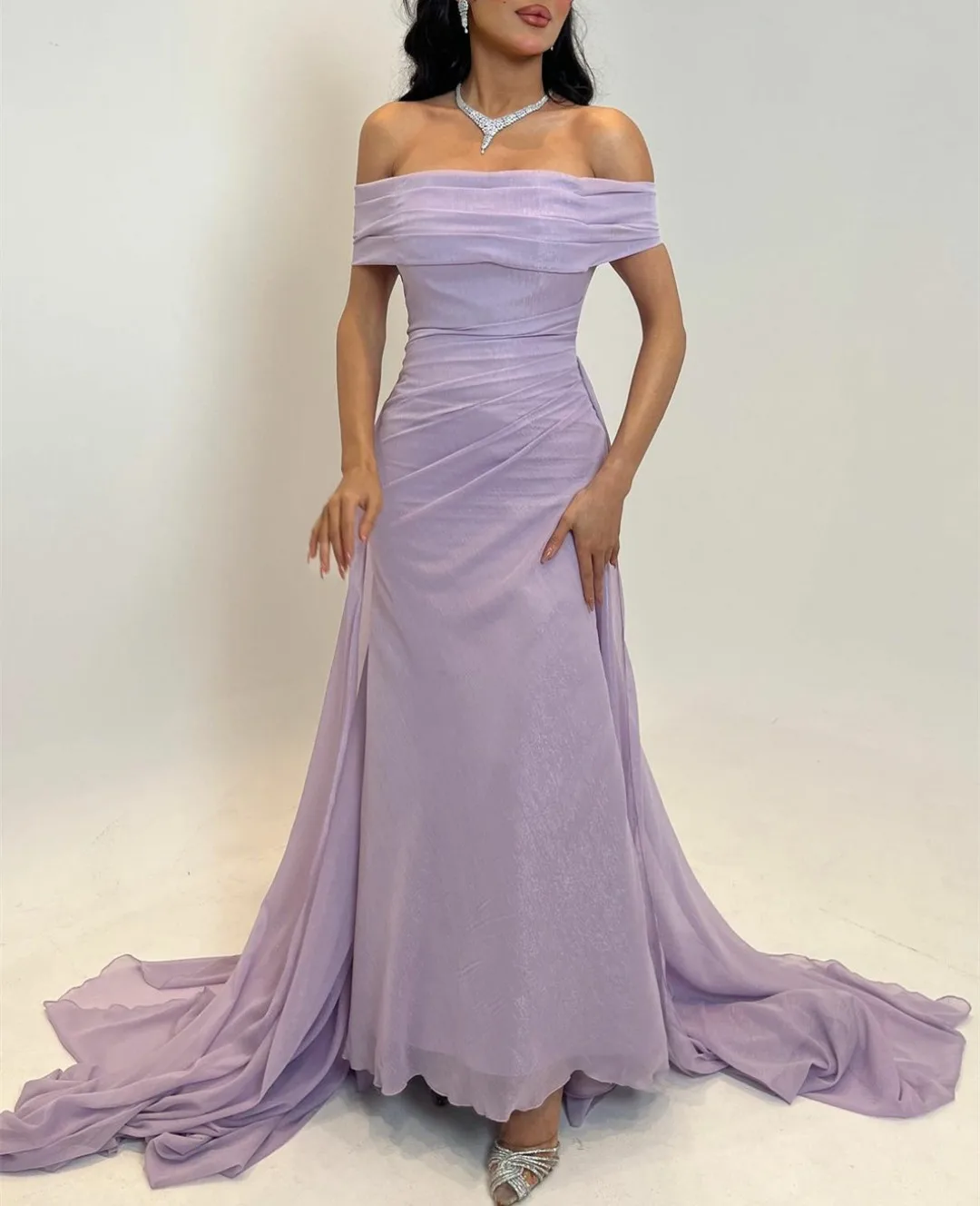 Elegant Long Lilac Bateau Neck Chiffon Evening Dresses فساتين سهرة Sheath Pleated Floor Length Prom Dress for Women