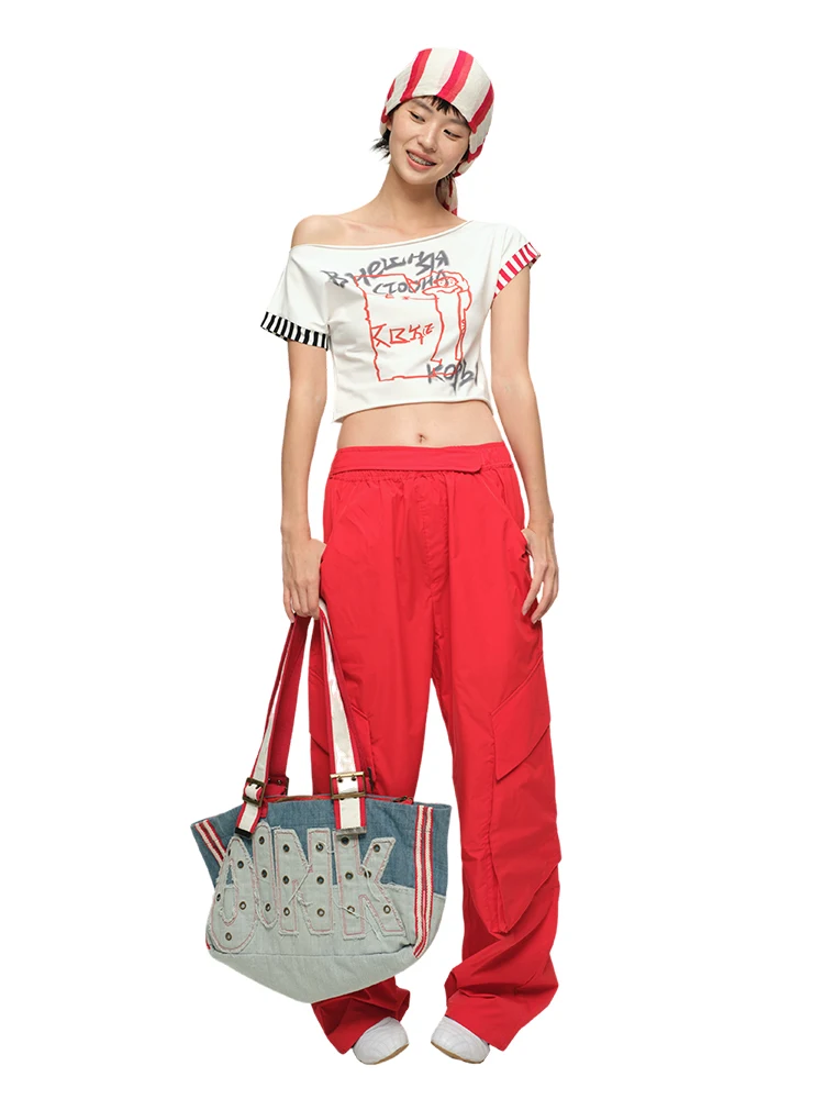

American Style Oink Oink White Line Little Man Print One Shoulder Loose Fit Short Sleeve T-Shirt for Women Summer Cotton Blend