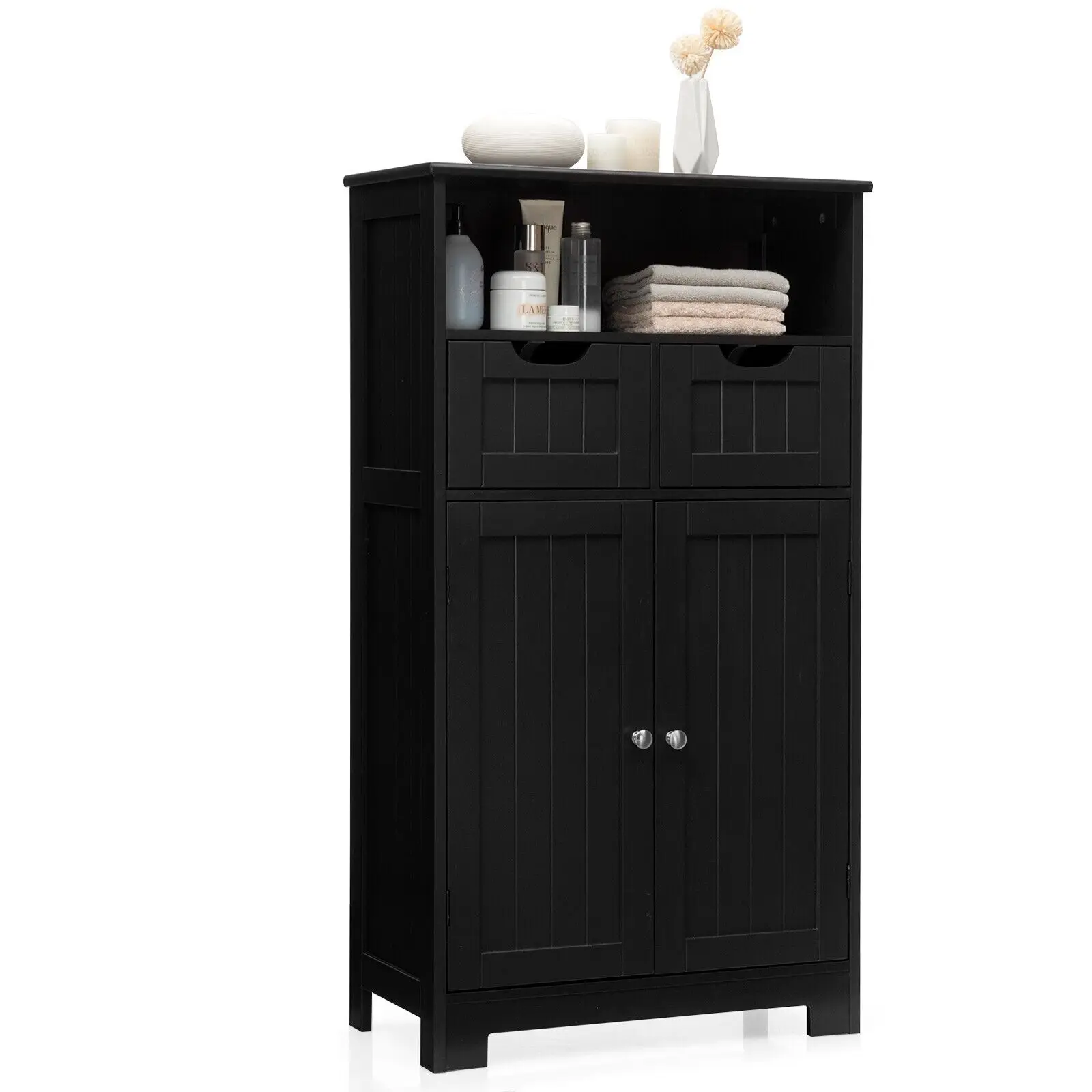 ERGOMASTER Bathroom Floor Cabinet Wooden Storage Cupboard with Adjustable Shelf & Doors