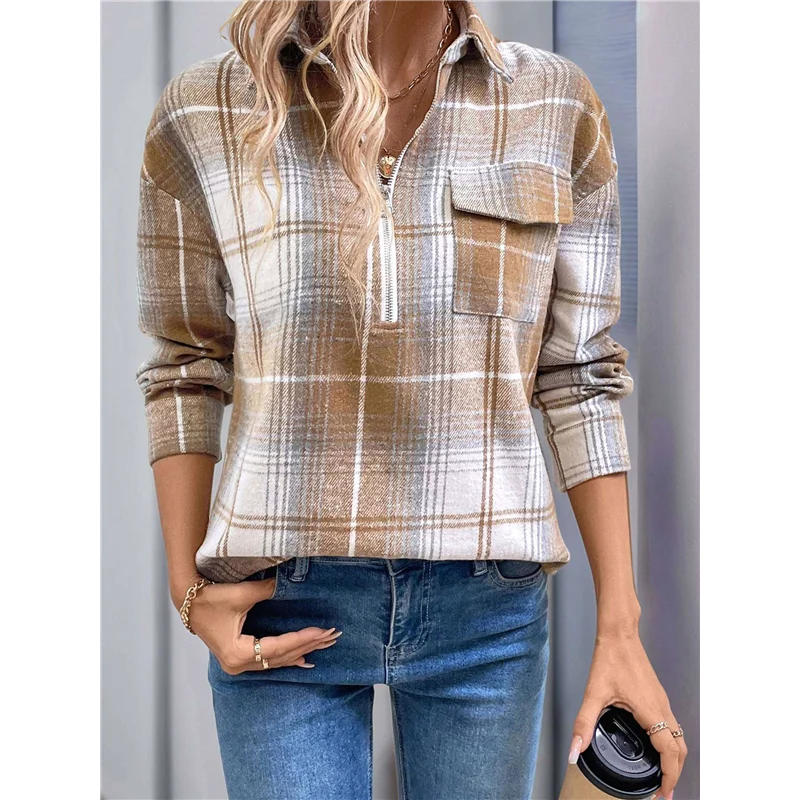 NEW-レディースチェック柄ジップアップシャツドレッシーカフス長袖トップスカジュアルワークブラウス