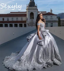 Customized Silver Quinceanera Dress Off Shoulders Ball Gown Para Lace Silk Satin Vestidos de Xv Birthday Party Sweet 16 Dress