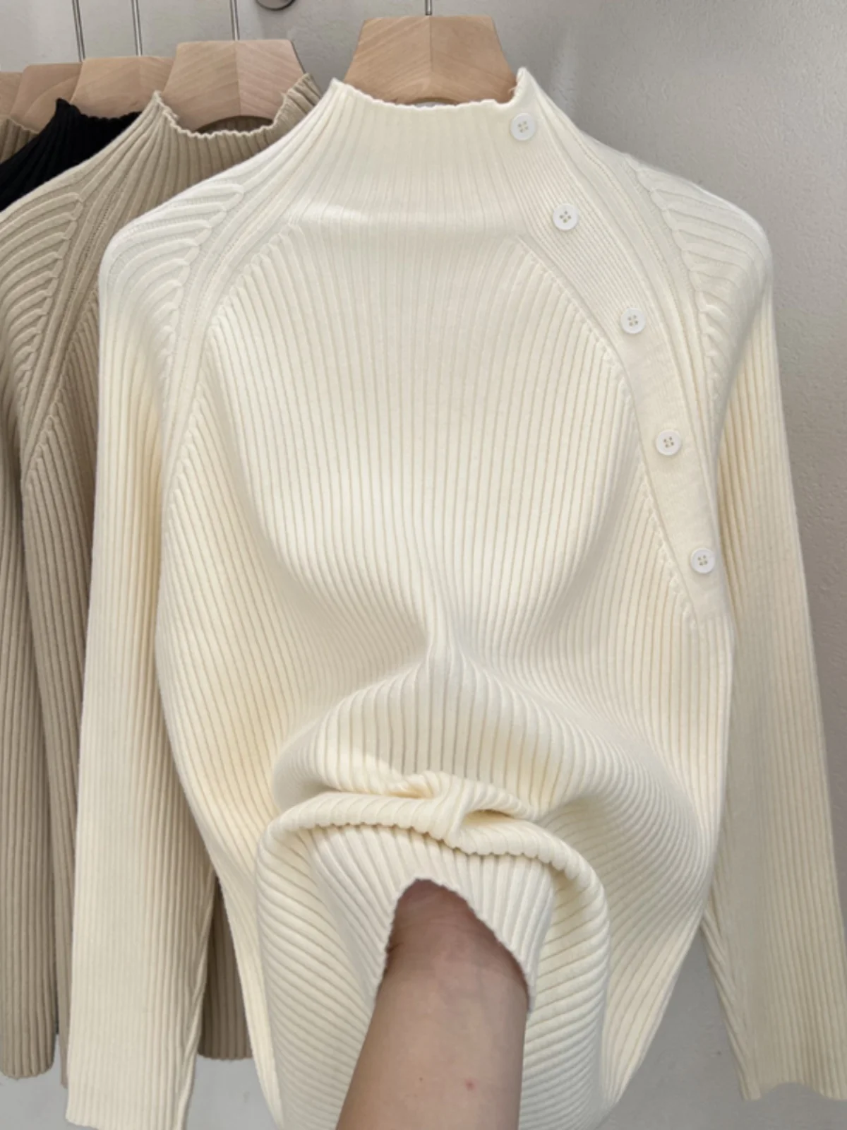 

Korean Style Half High Collar Women Sweater Autumn Winter Irregular Button Solid Color Pullover Elegant Simple Cozy Female Tops