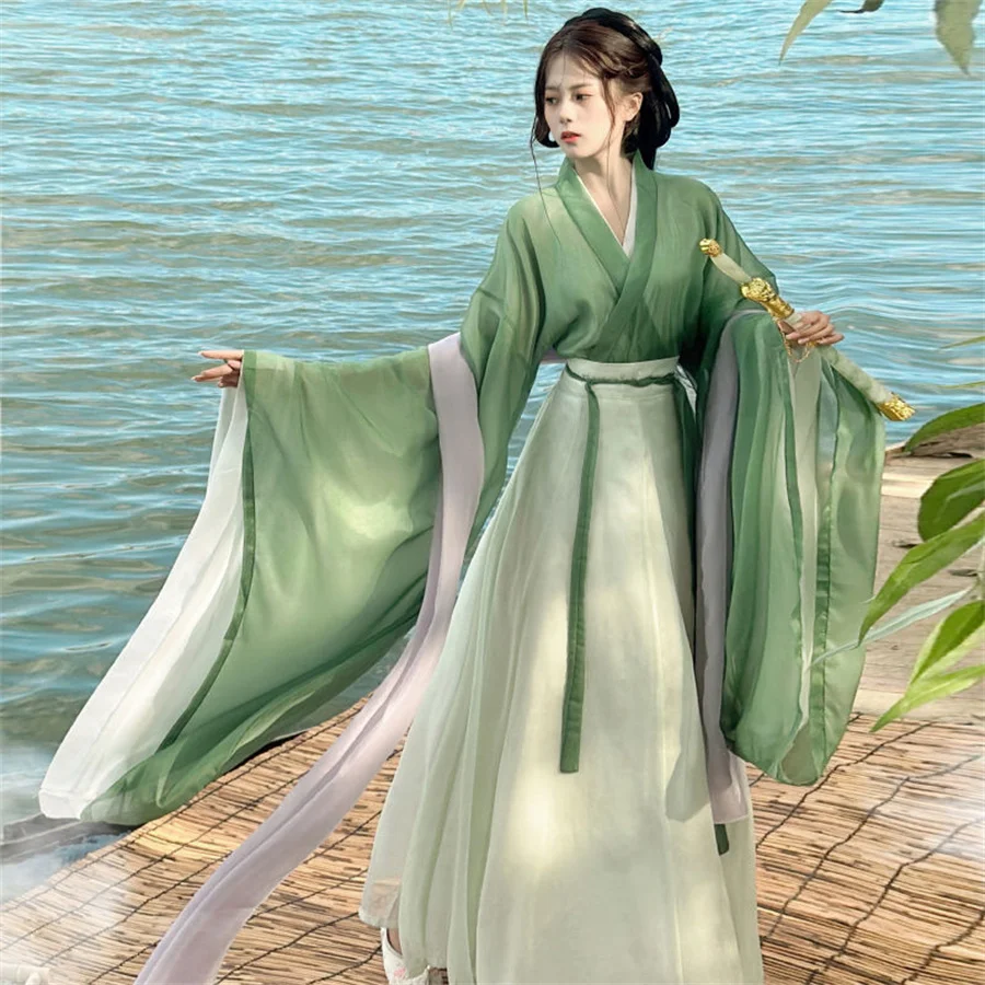 Hanfu 여성 크로스 칼라 허리 길이 스커트 여름 정장 중국 스타일 Hanfu 드레스 중국어 번체 요정 녹색 치마 의상