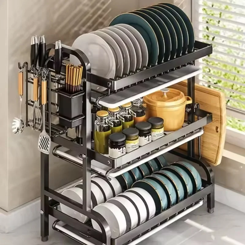 

Multi-functional 3-Tier Dish Rack Kitchen Supplies Storage Rack Draining Rack with Chopsticks/Knives/Cutting Board Holder